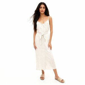 Hiatus Button Up Tie Waist Midi Dress L Ivory Pinstriped Linen Blend Sleeveless